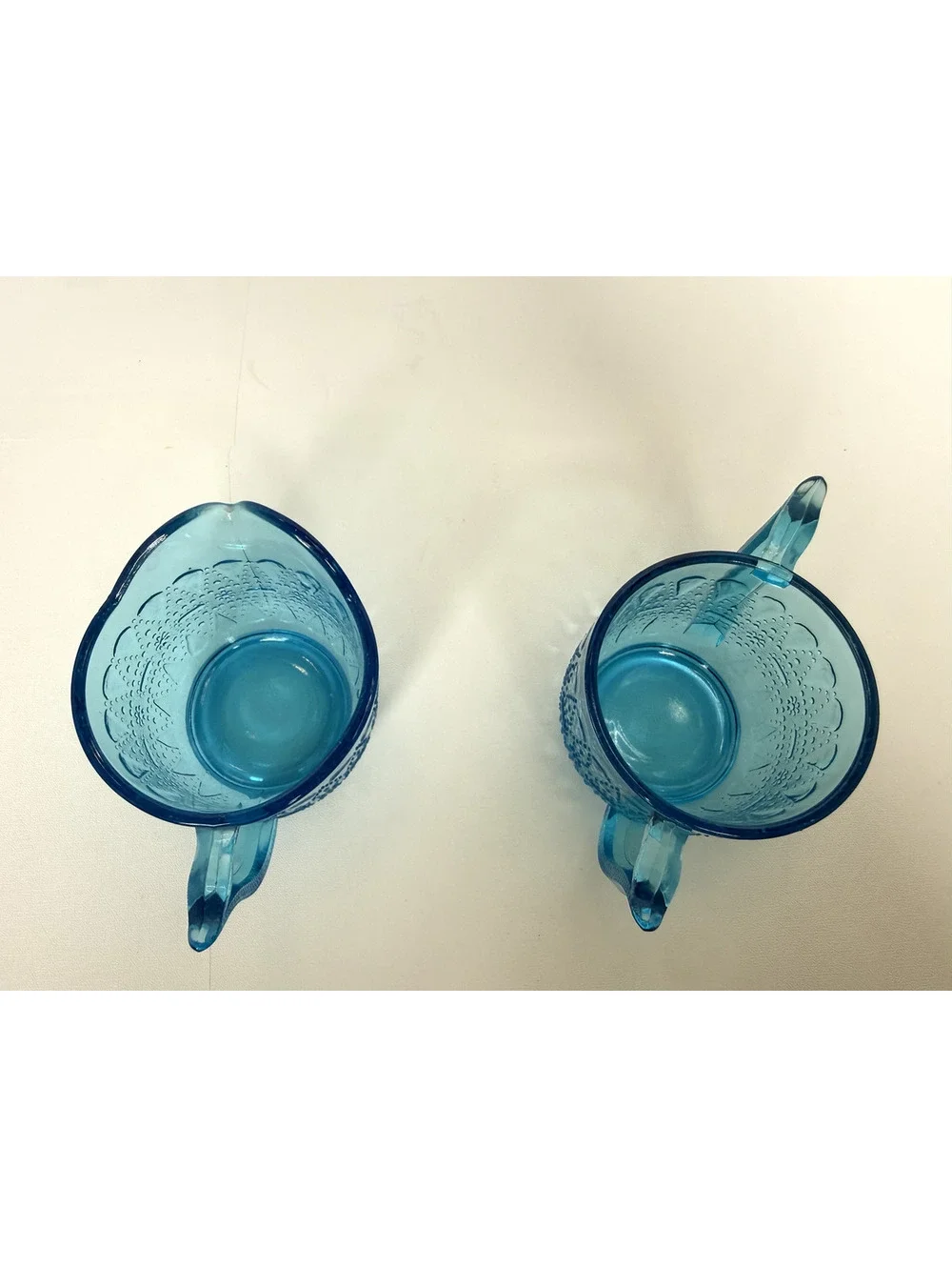 Vintage Blue Glass Creamer and Sugar Set with Embossed Design